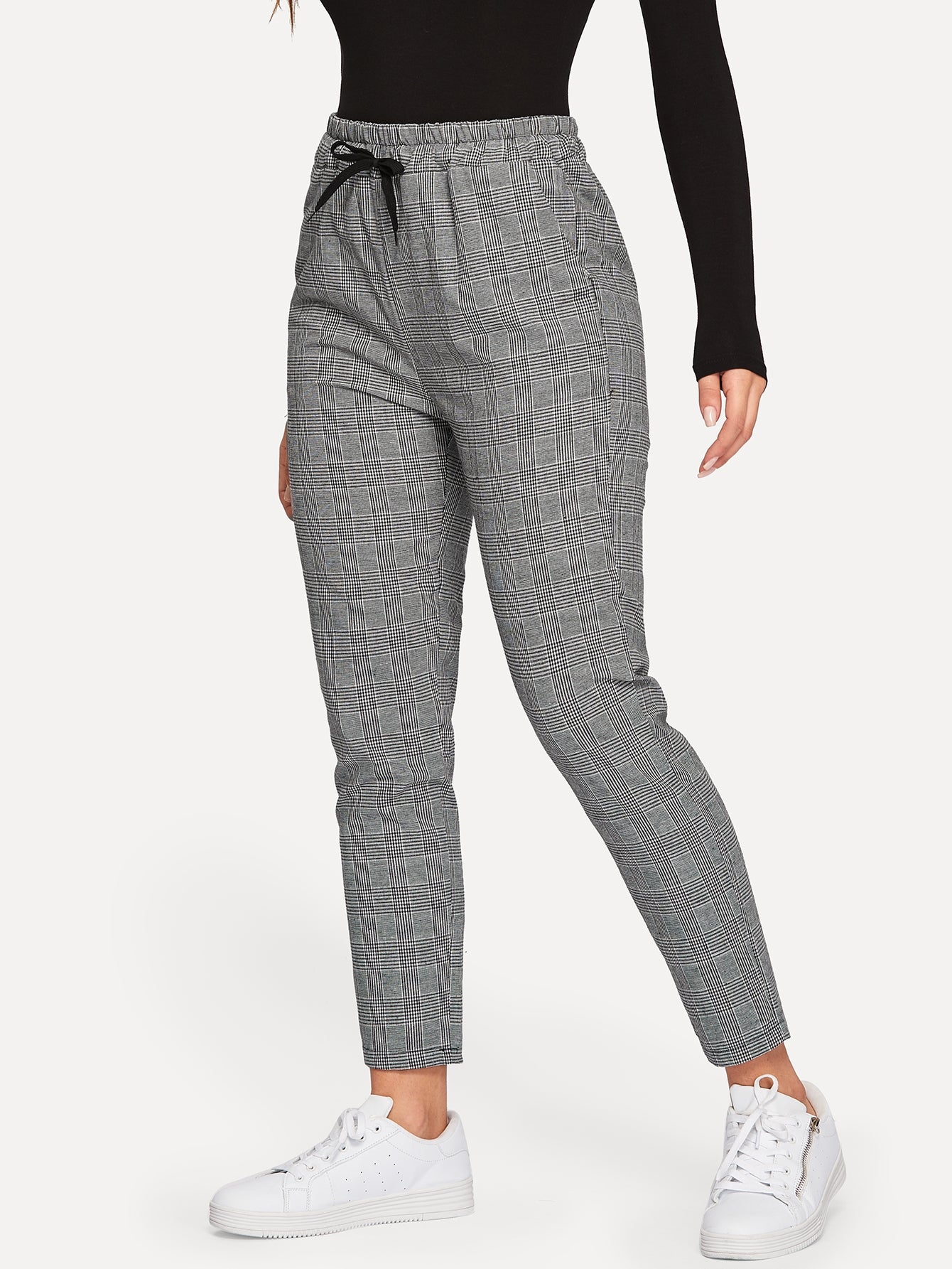 Glen Plaid Drawstring Ankle Cut Pants