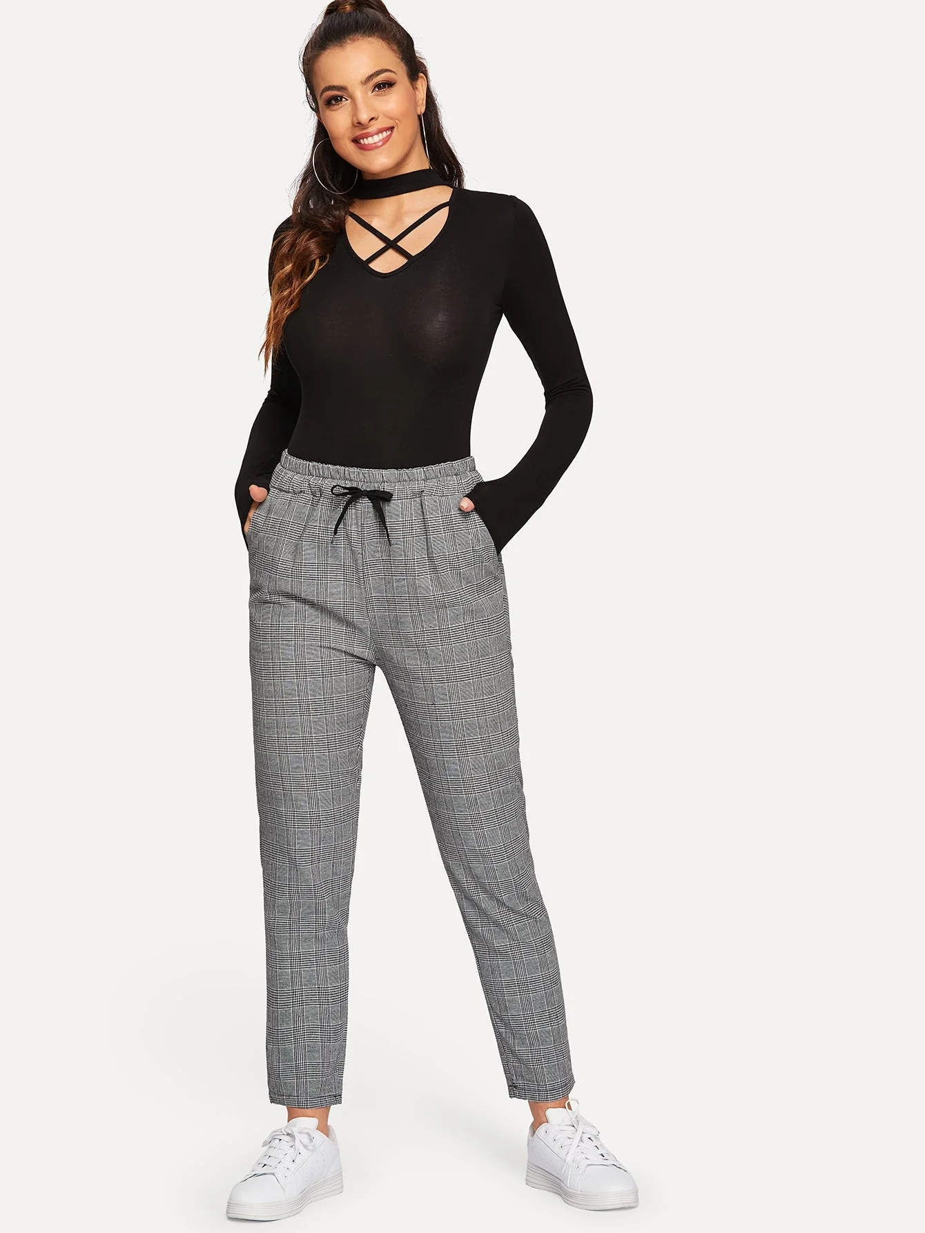 Glen Plaid Drawstring Ankle Cut Pants - Image 4