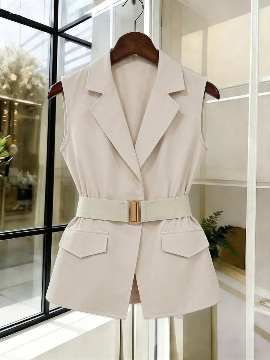 Women's Sleeveless Waistcoat With Metal Buckle Waist Belt - Image 10