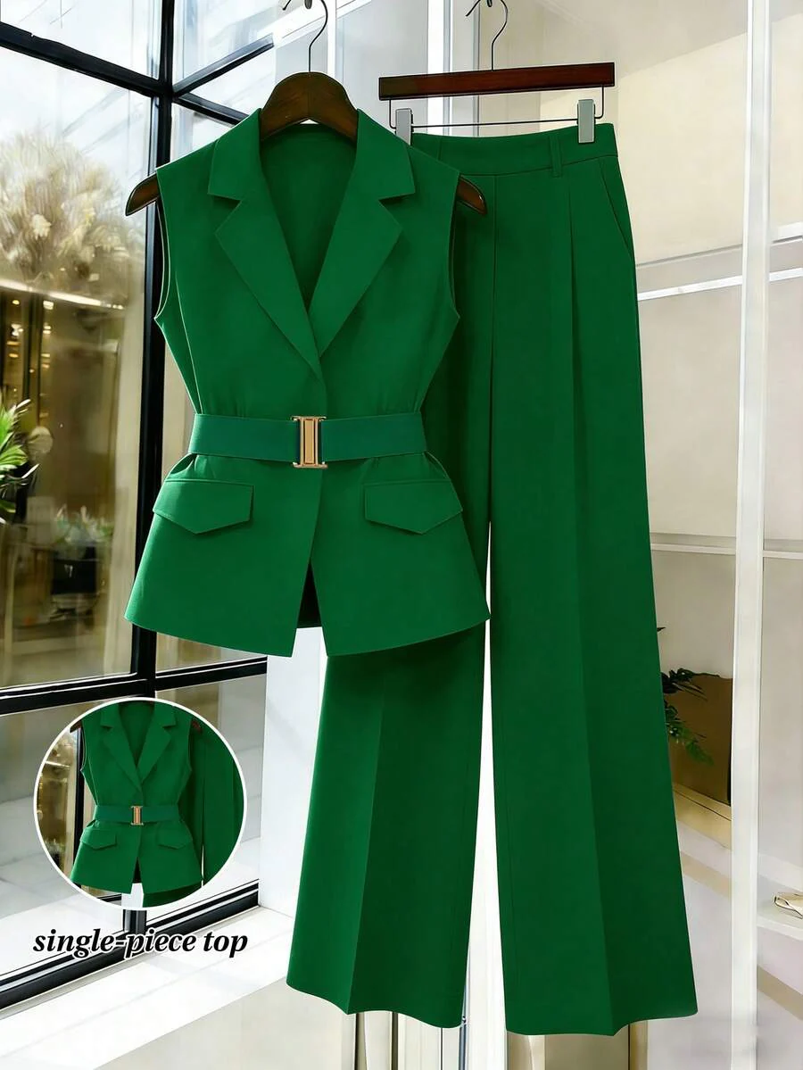 Women's Sleeveless Waistcoat With Metal Buckle Waist Belt - Image 11