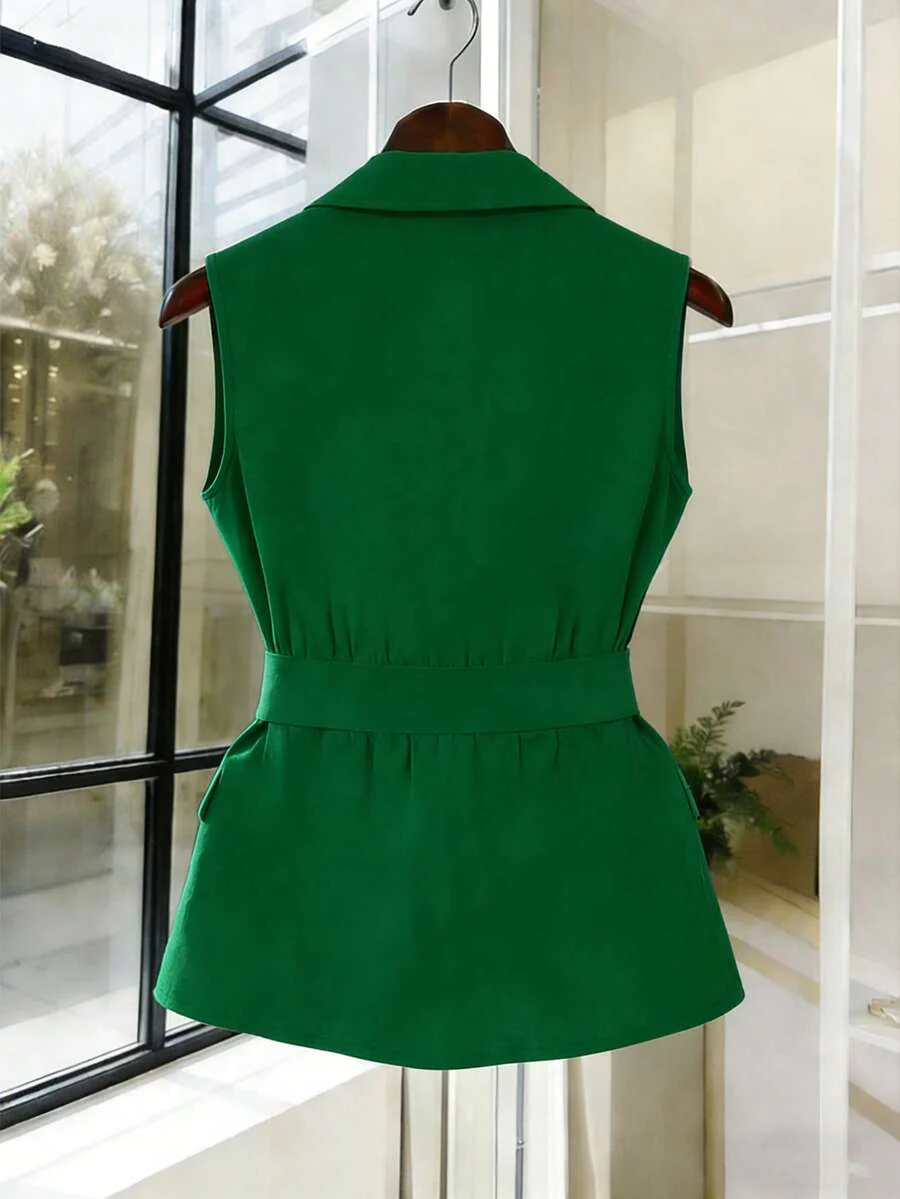 Women's Sleeveless Waistcoat With Metal Buckle Waist Belt - Image 12