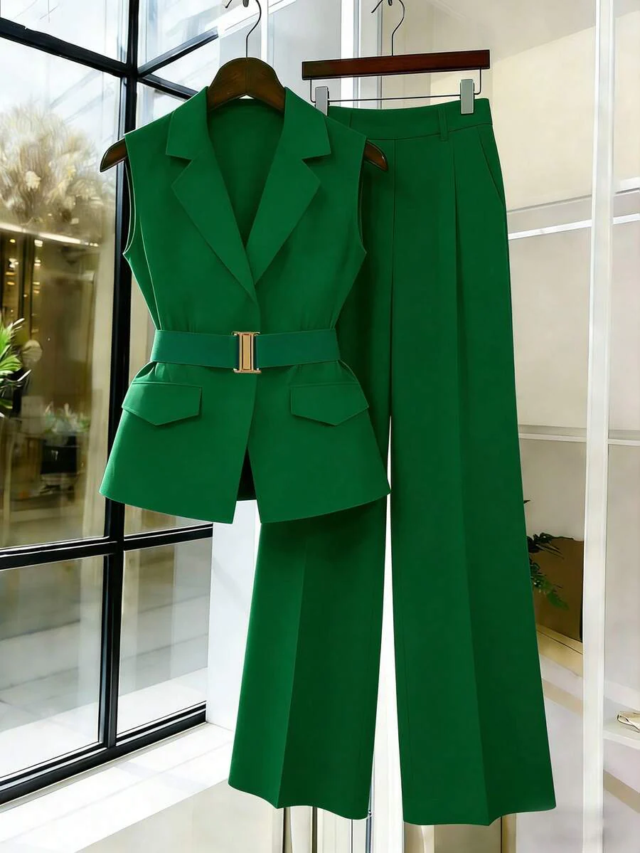 Women's Sleeveless Waistcoat With Metal Buckle Waist Belt - Image 13