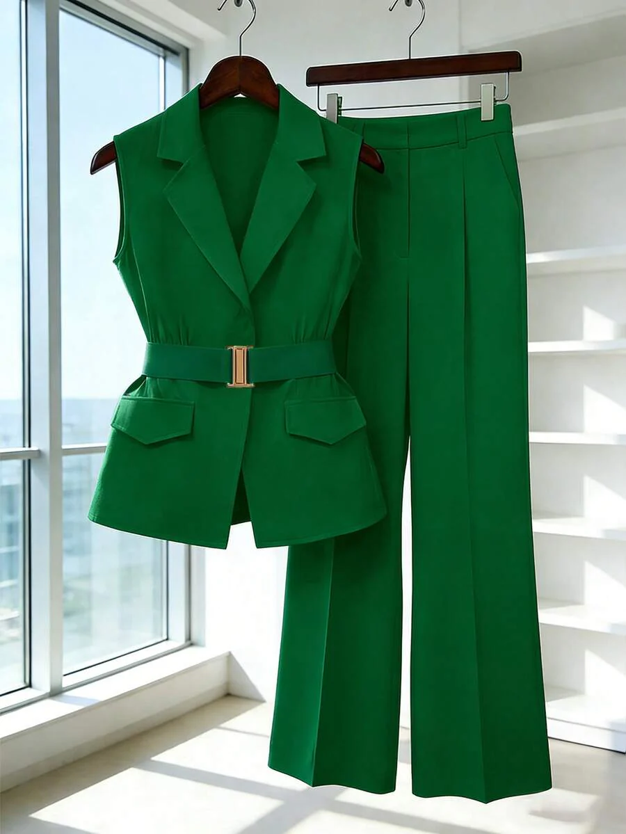 Women's Sleeveless Waistcoat With Metal Buckle Waist Belt - Image 14