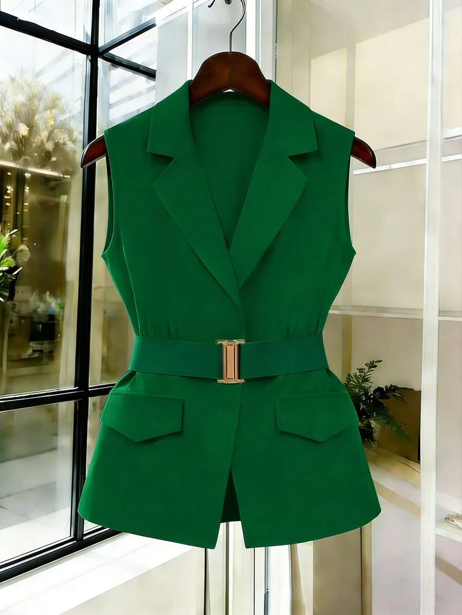Women's Sleeveless Waistcoat With Metal Buckle Waist Belt - Image 15