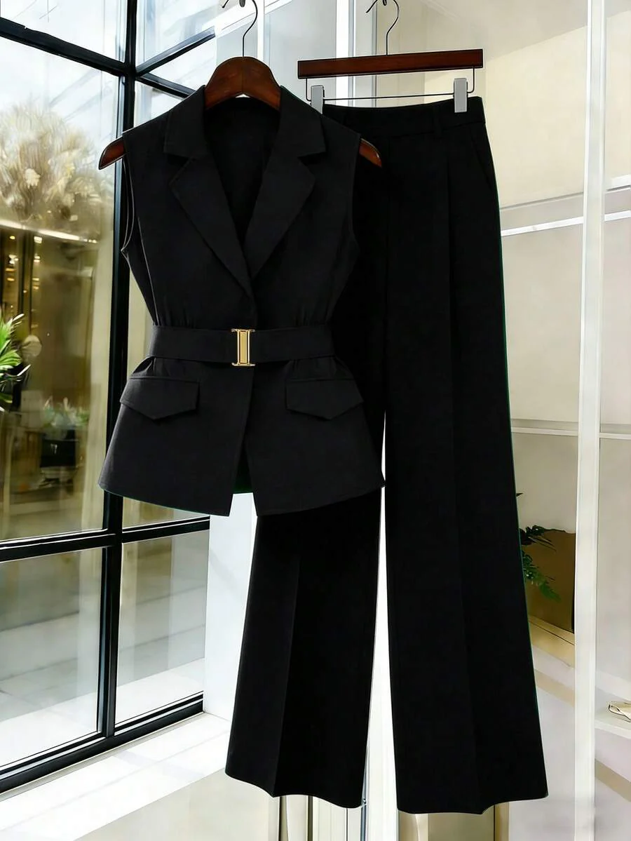 Women's Sleeveless Waistcoat With Metal Buckle Waist Belt - Image 16