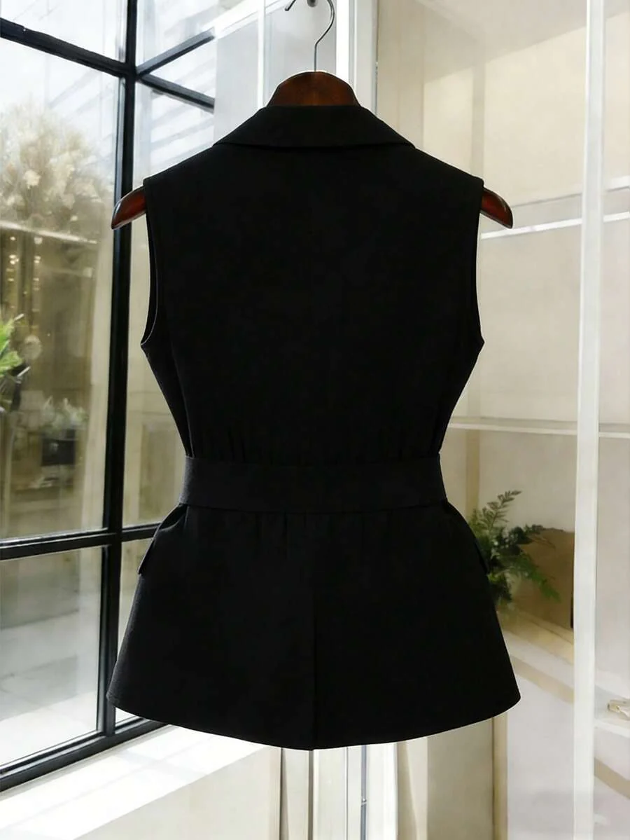 Women's Sleeveless Waistcoat With Metal Buckle Waist Belt - Image 17