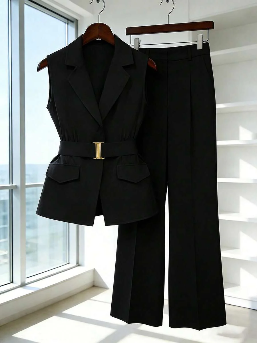 Women's Sleeveless Waistcoat With Metal Buckle Waist Belt - Image 18