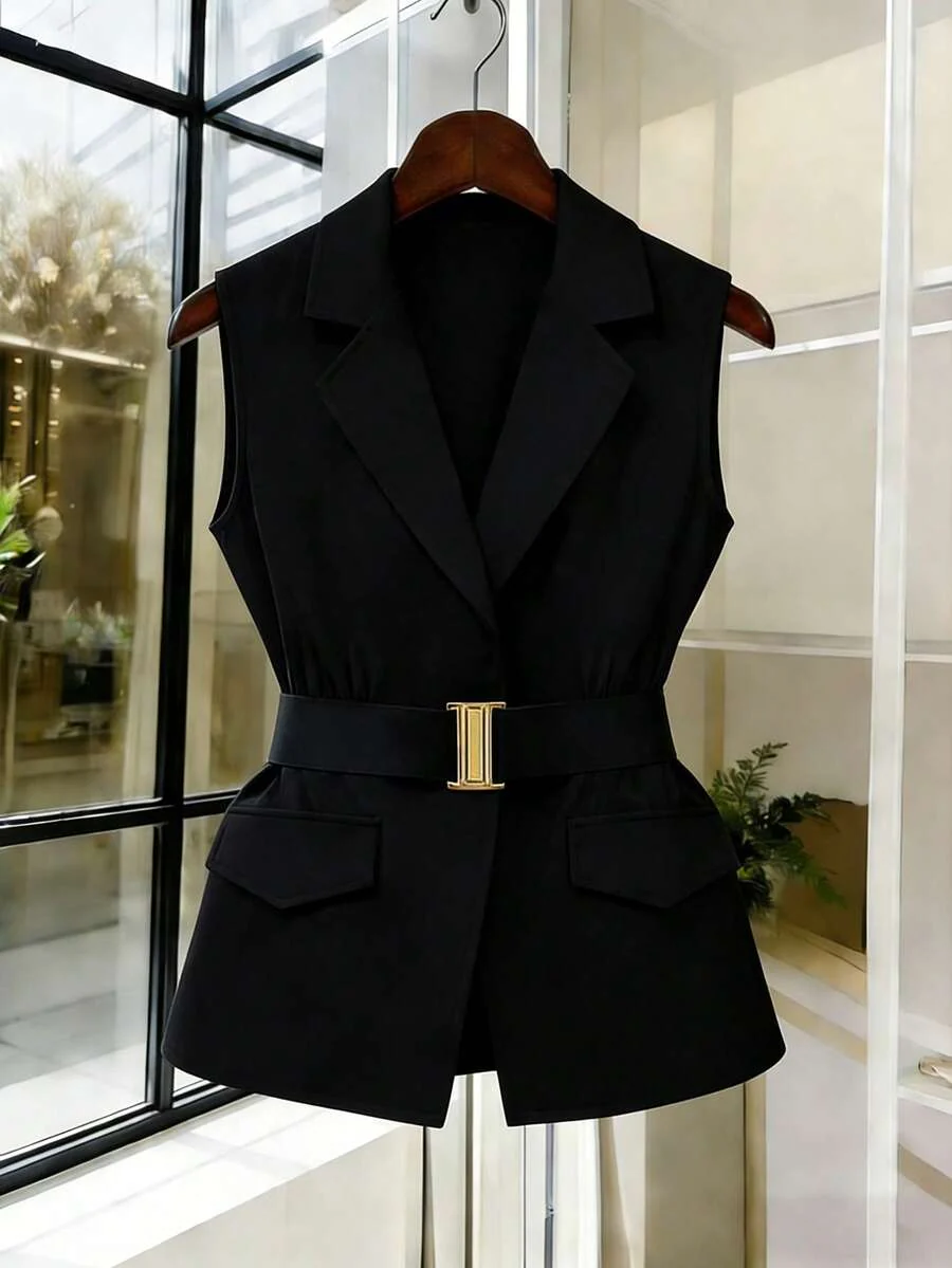 Women's Sleeveless Waistcoat With Metal Buckle Waist Belt - Image 19