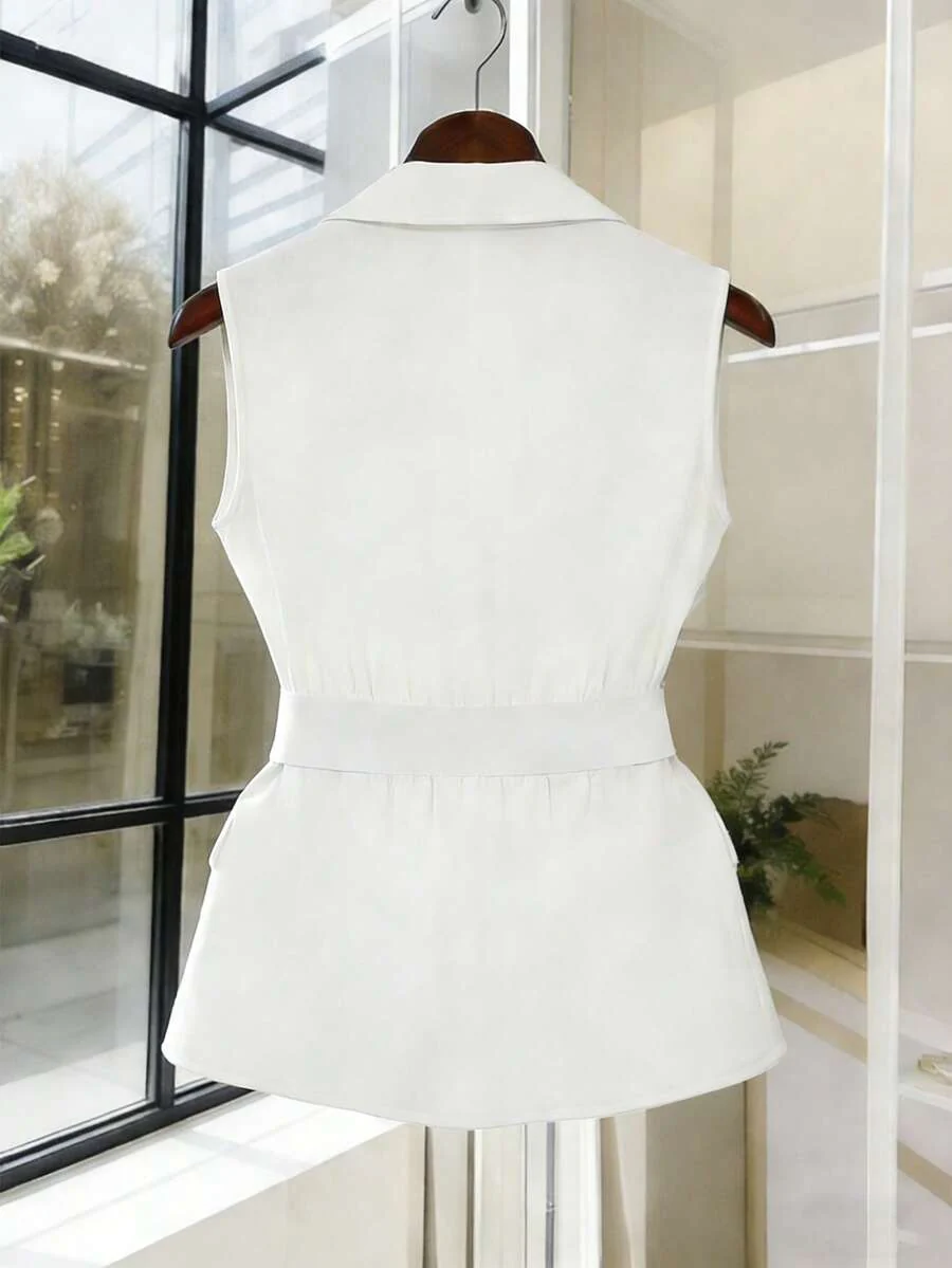 Women's Sleeveless Waistcoat With Metal Buckle Waist Belt - Image 2