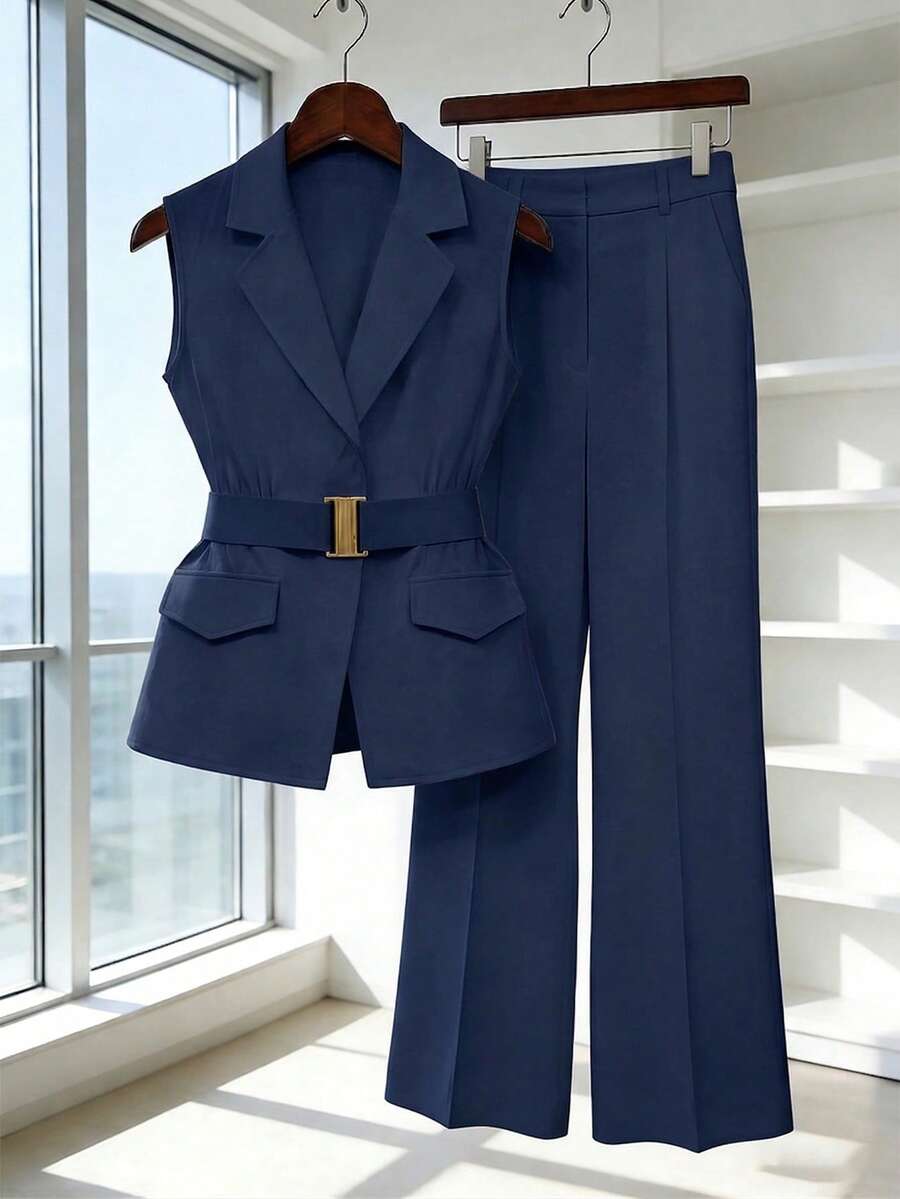 Women's Sleeveless Waistcoat With Metal Buckle Waist Belt - Image 20