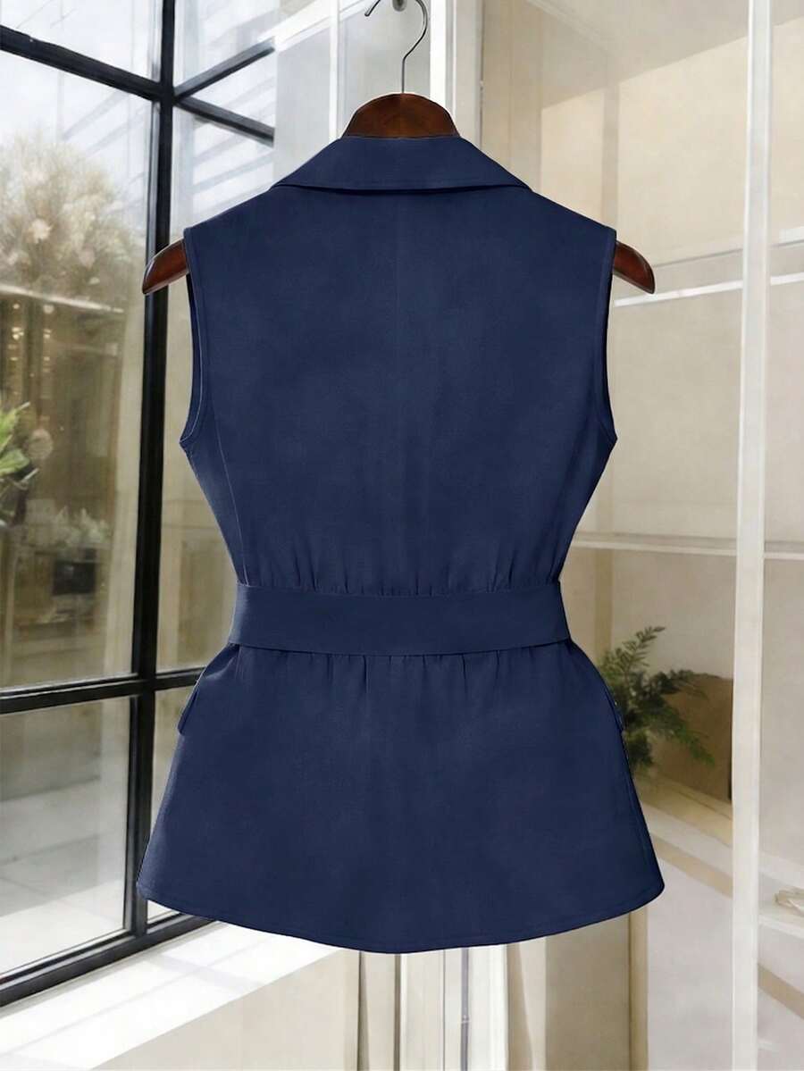 Women's Sleeveless Waistcoat With Metal Buckle Waist Belt - Image 21