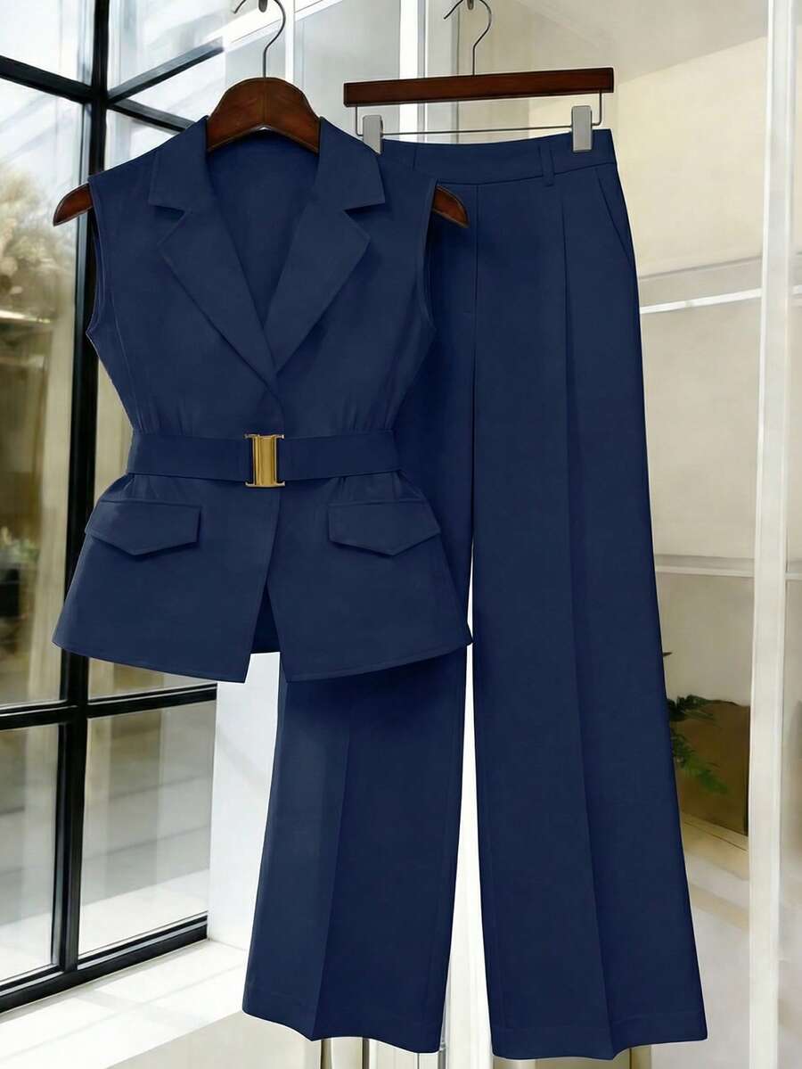 Women's Sleeveless Waistcoat With Metal Buckle Waist Belt - Image 22