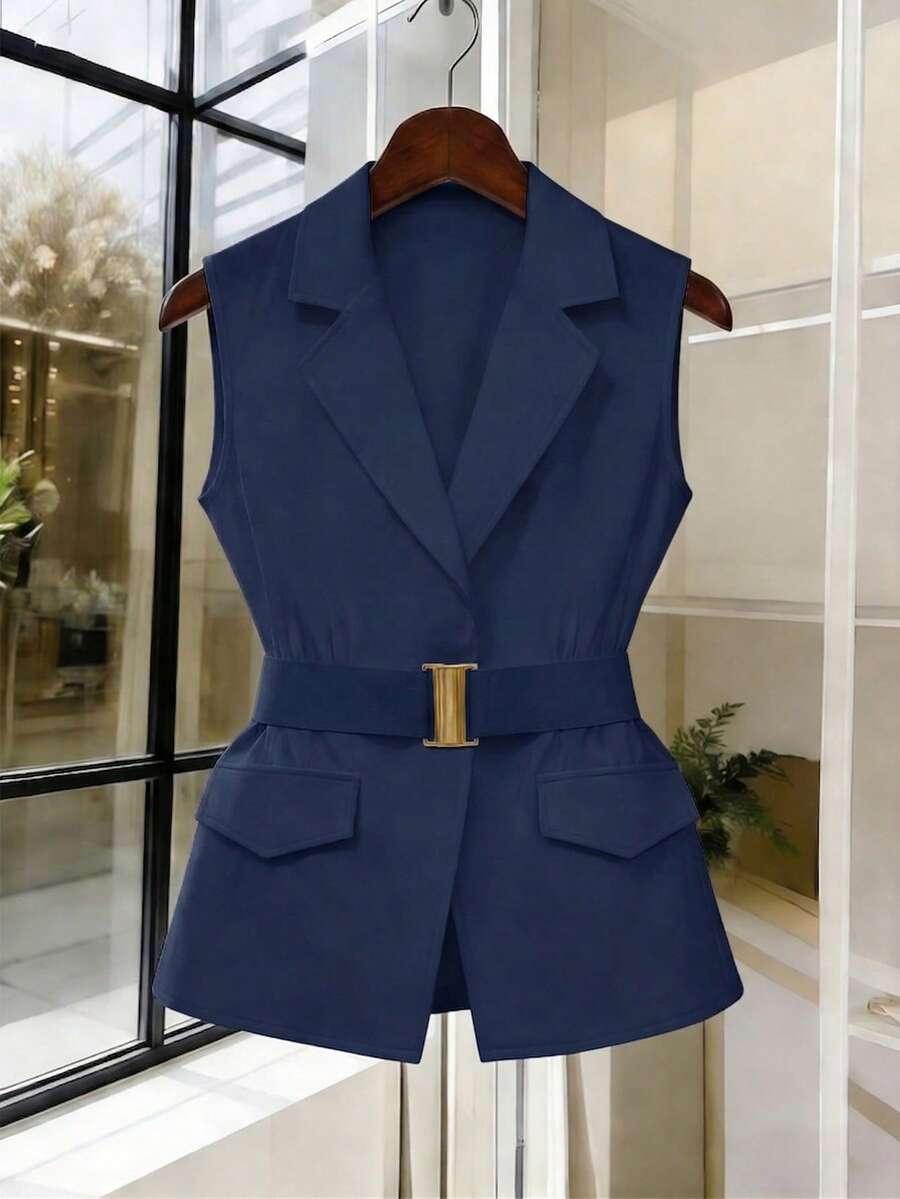 Women's Sleeveless Waistcoat With Metal Buckle Waist Belt - Image 23