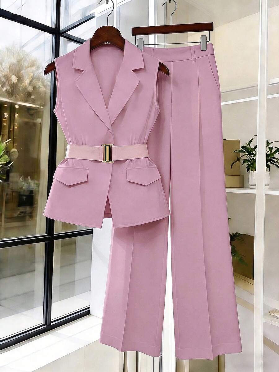 Women's Sleeveless Waistcoat With Metal Buckle Waist Belt - Image 24