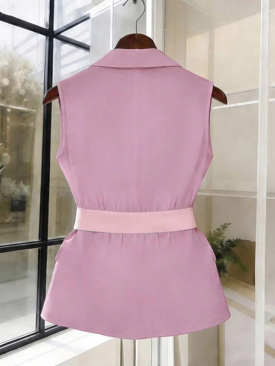 Women's Sleeveless Waistcoat With Metal Buckle Waist Belt - Image 25