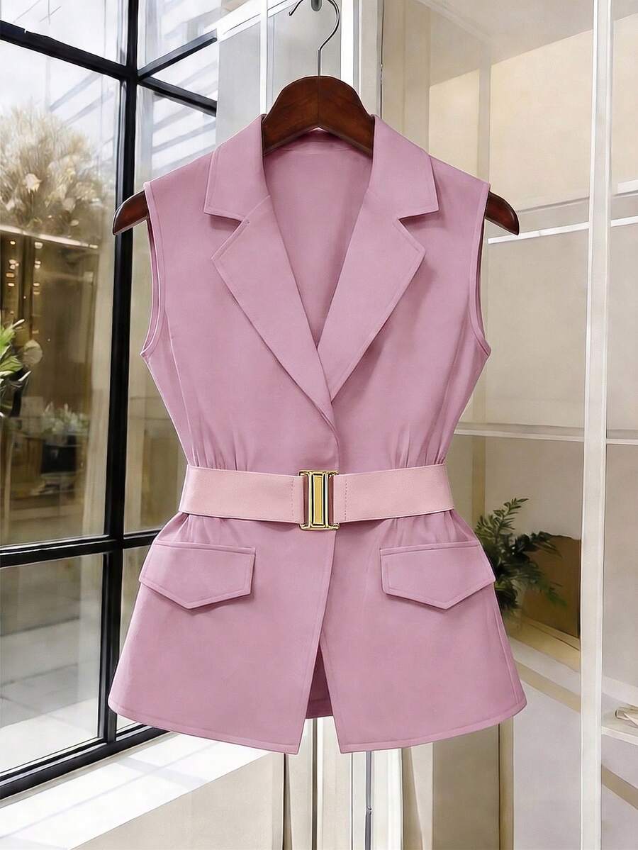Women's Sleeveless Waistcoat With Metal Buckle Waist Belt - Image 26