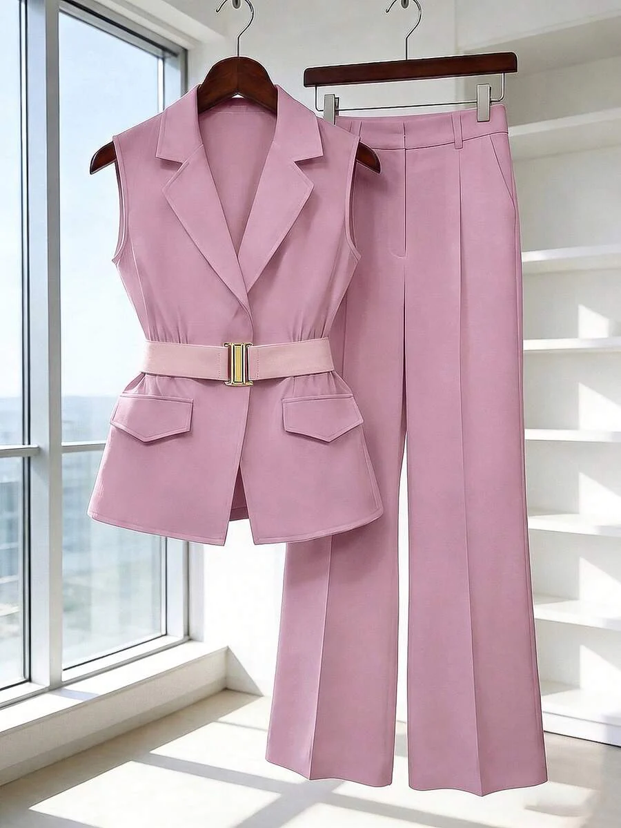 Women's Sleeveless Waistcoat With Metal Buckle Waist Belt - Image 27