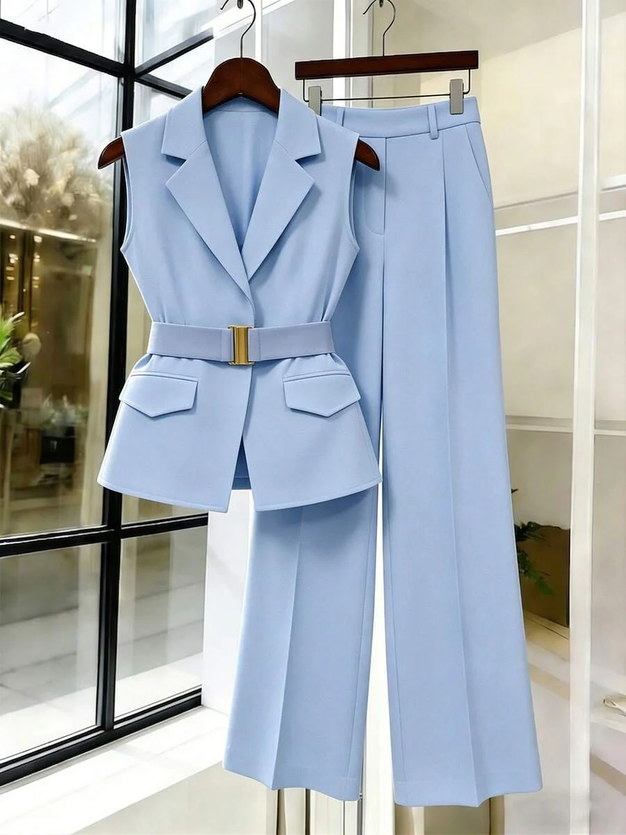 Women's Sleeveless Waistcoat With Metal Buckle Waist Belt - Image 28