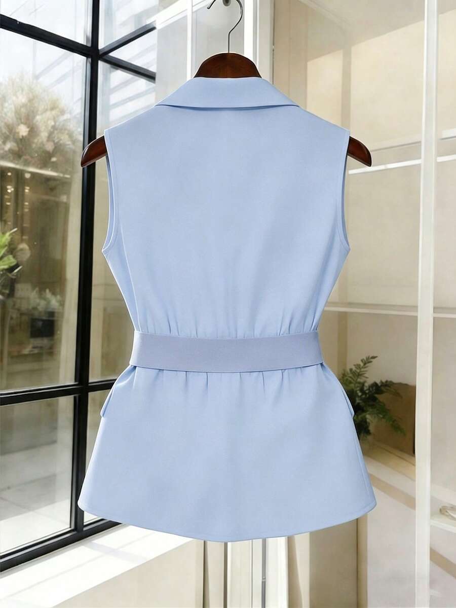 Women's Sleeveless Waistcoat With Metal Buckle Waist Belt - Image 29