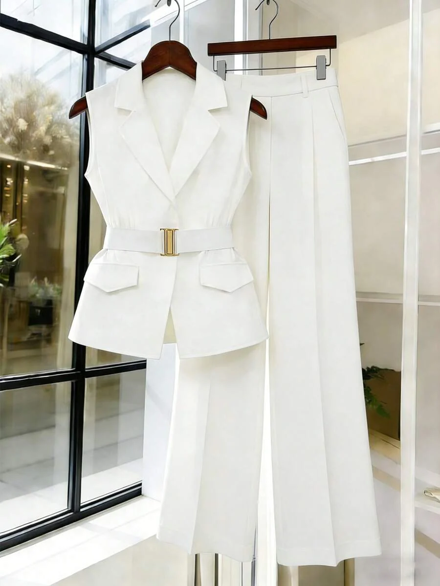 Women's Sleeveless Waistcoat With Metal Buckle Waist Belt - Image 3