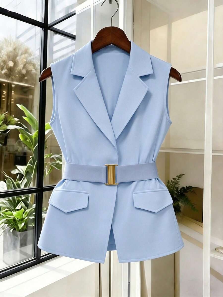 Women's Sleeveless Waistcoat With Metal Buckle Waist Belt - Image 30