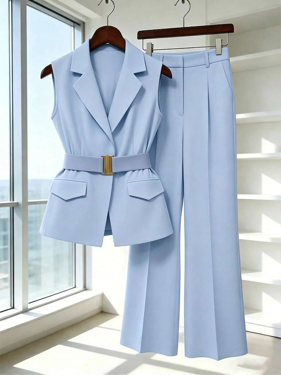 Women's Sleeveless Waistcoat With Metal Buckle Waist Belt - Image 31