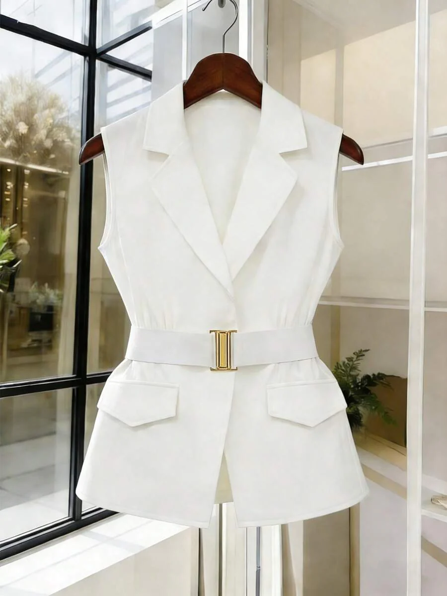 Women's Sleeveless Waistcoat With Metal Buckle Waist Belt - Image 4