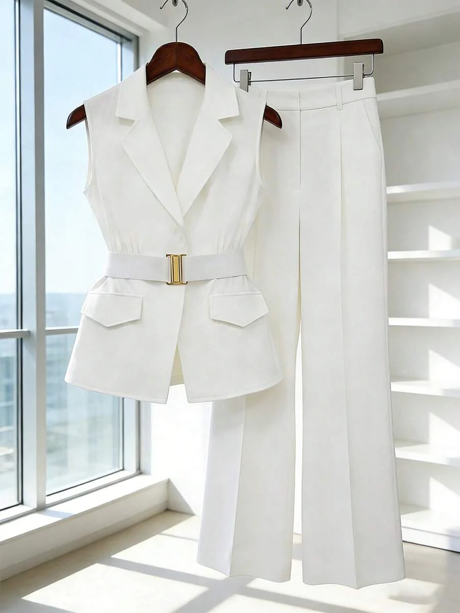 Women's Sleeveless Waistcoat With Metal Buckle Waist Belt - Image 5