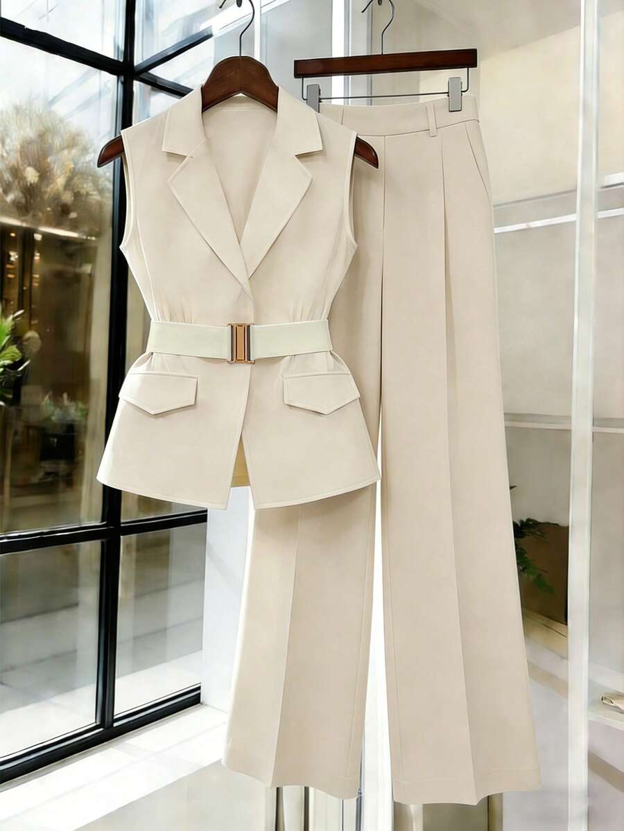 Women's Sleeveless Waistcoat With Metal Buckle Waist Belt - Image 6