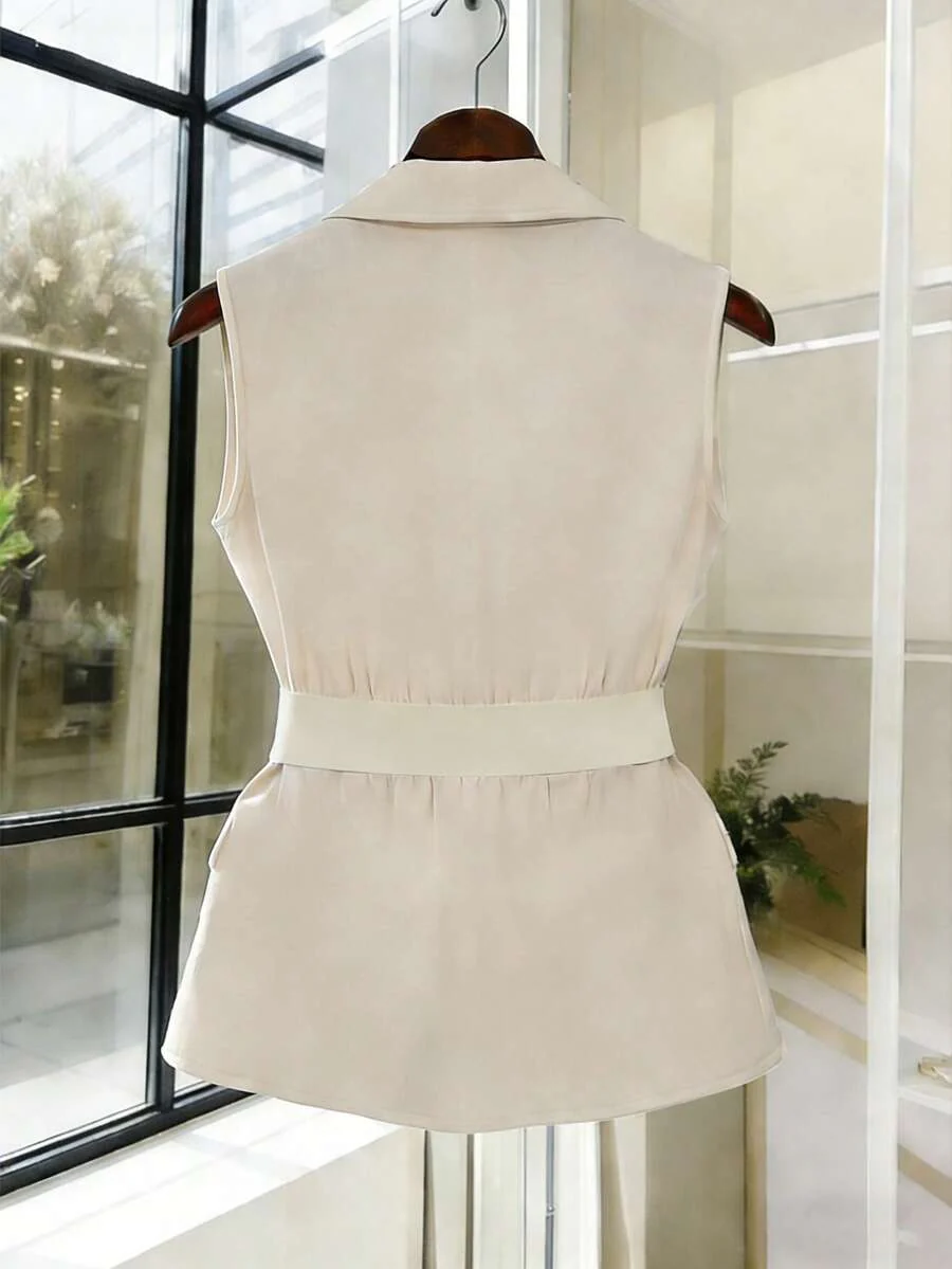 Women's Sleeveless Waistcoat With Metal Buckle Waist Belt - Image 7