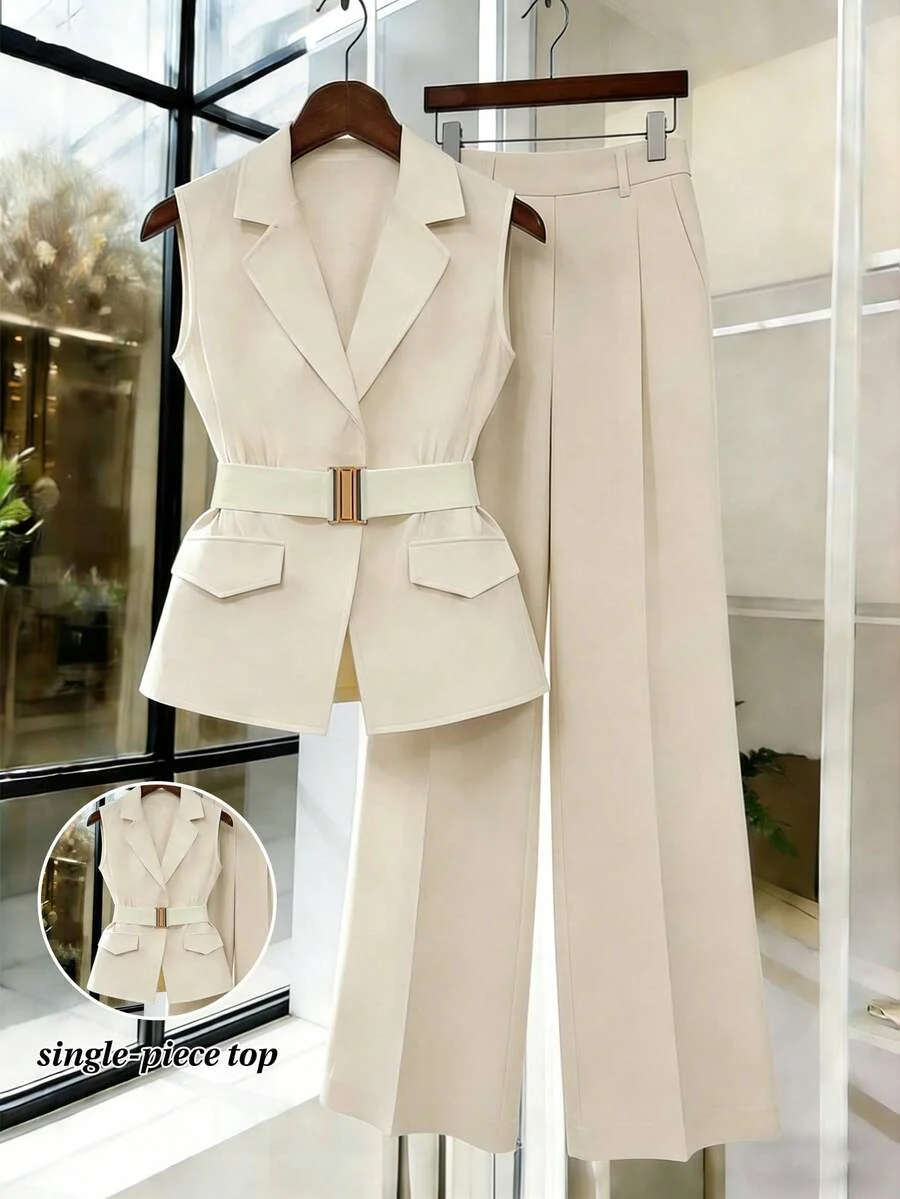 Women's Sleeveless Waistcoat With Metal Buckle Waist Belt - Image 8