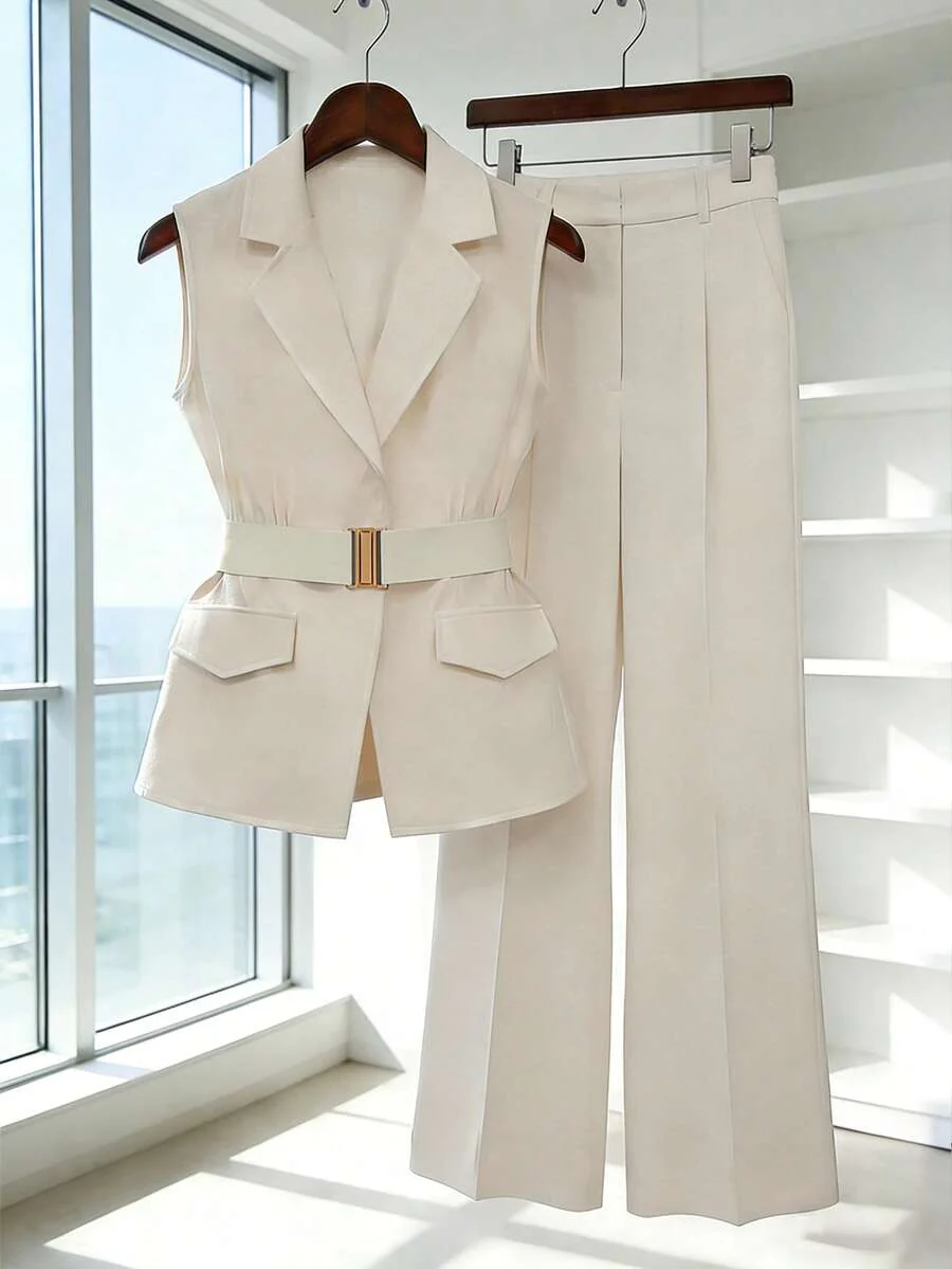 Women's Sleeveless Waistcoat With Metal Buckle Waist Belt - Image 9