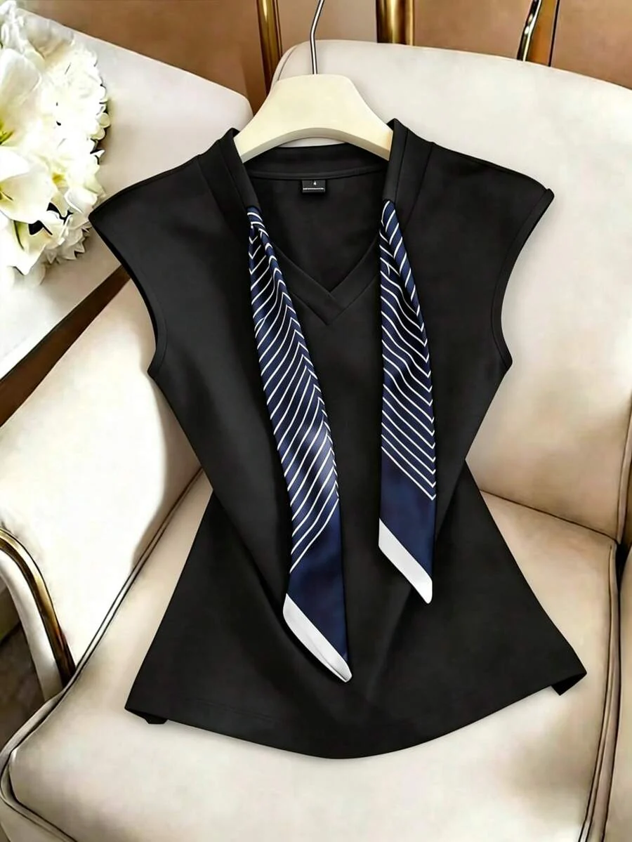 Women's Summer Knitted, Cap Sleeve V-Neck T-Shirt With Drawstring Scarf - Image 14