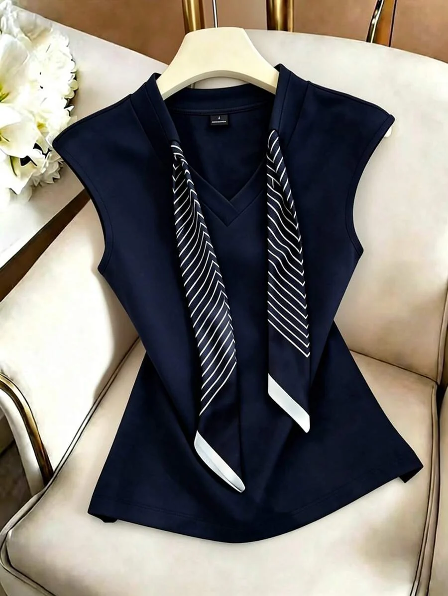 Women's Summer Knitted, Cap Sleeve V-Neck T-Shirt With Drawstring Scarf - Image 20