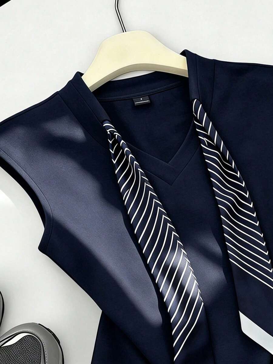 Women's Summer Knitted, Cap Sleeve V-Neck T-Shirt With Drawstring Scarf - Image 22