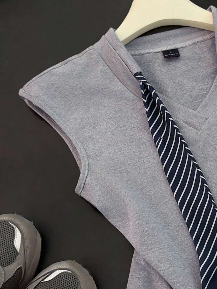 Women's Summer Knitted, Cap Sleeve V-Neck T-Shirt With Drawstring Scarf - Image 3