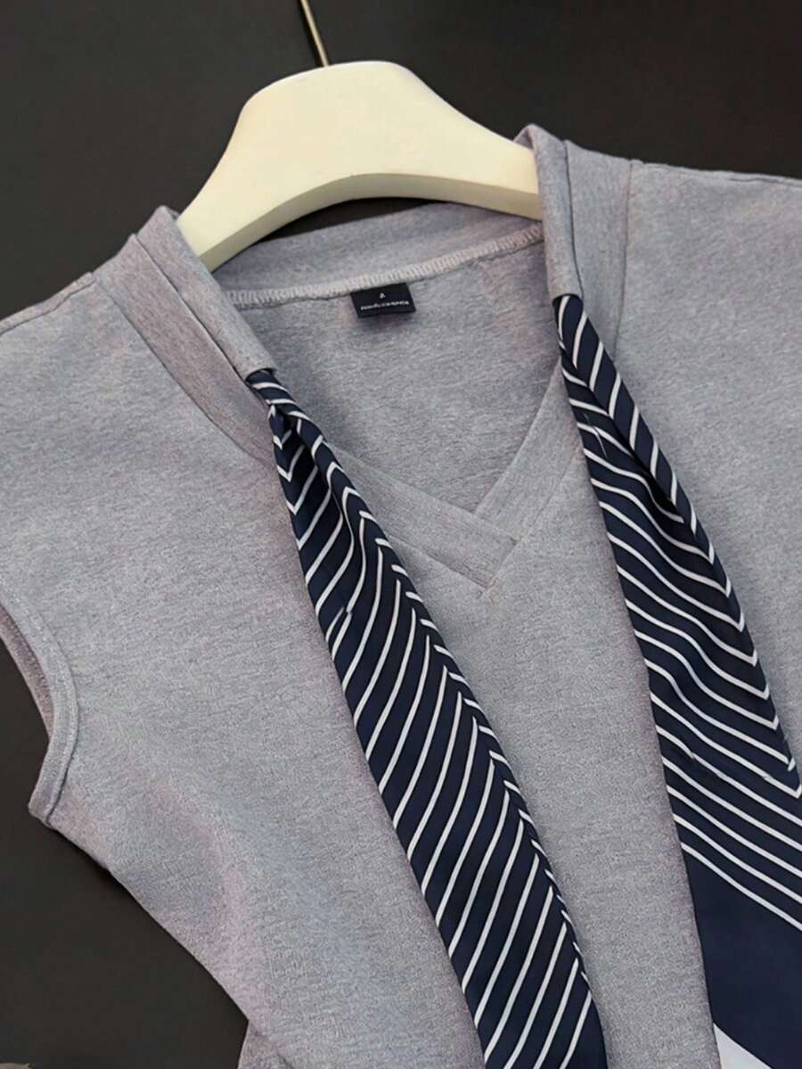 Women's Summer Knitted, Cap Sleeve V-Neck T-Shirt With Drawstring Scarf - Image 4