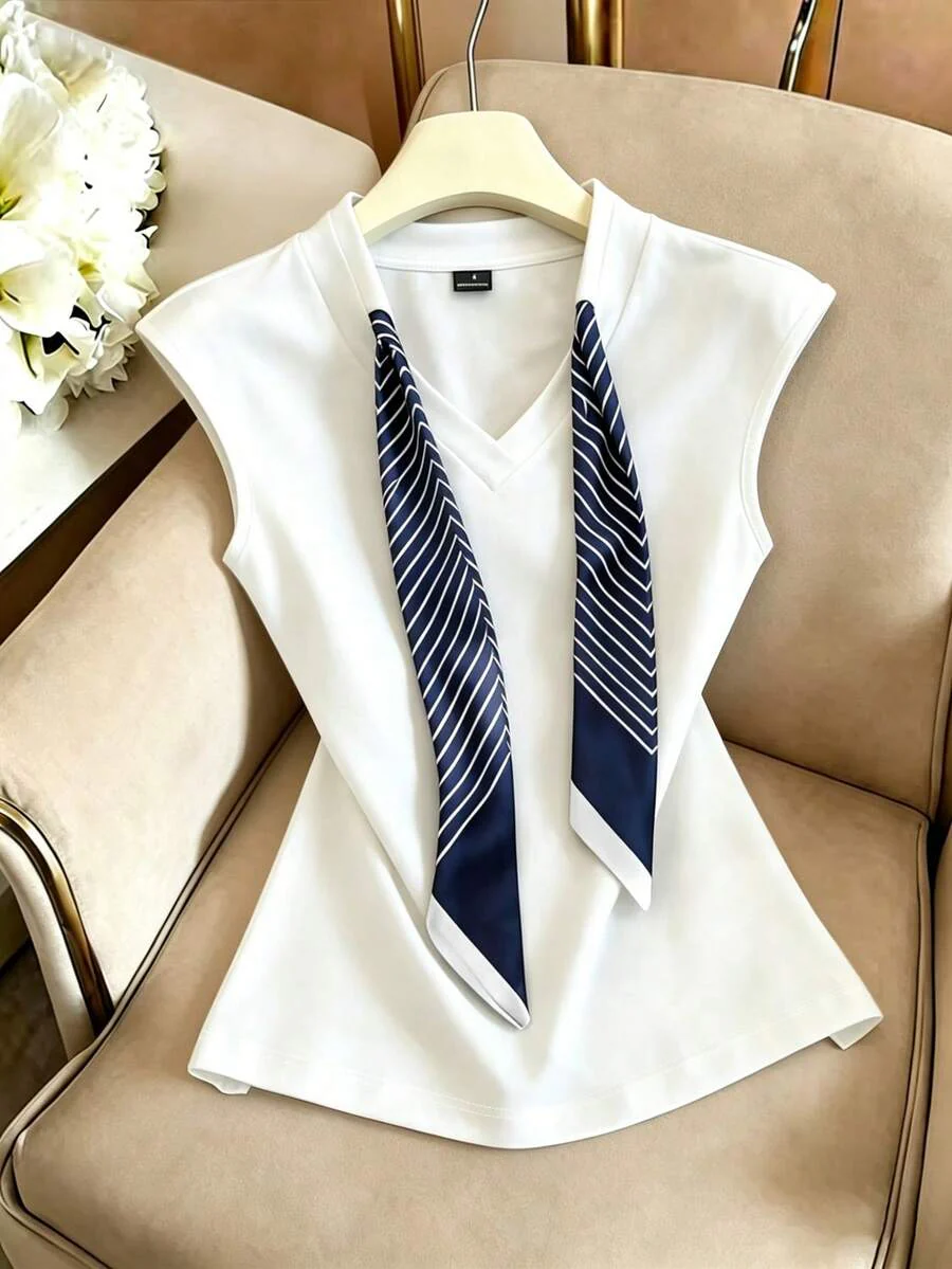Women's Summer Knitted, Cap Sleeve V-Neck T-Shirt With Drawstring Scarf - Image 8