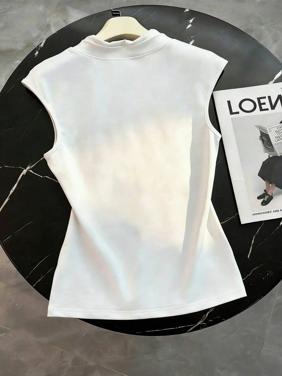 Women's Summer Knitted, Cap Sleeve V-Neck T-Shirt With Drawstring Scarf - Image 9