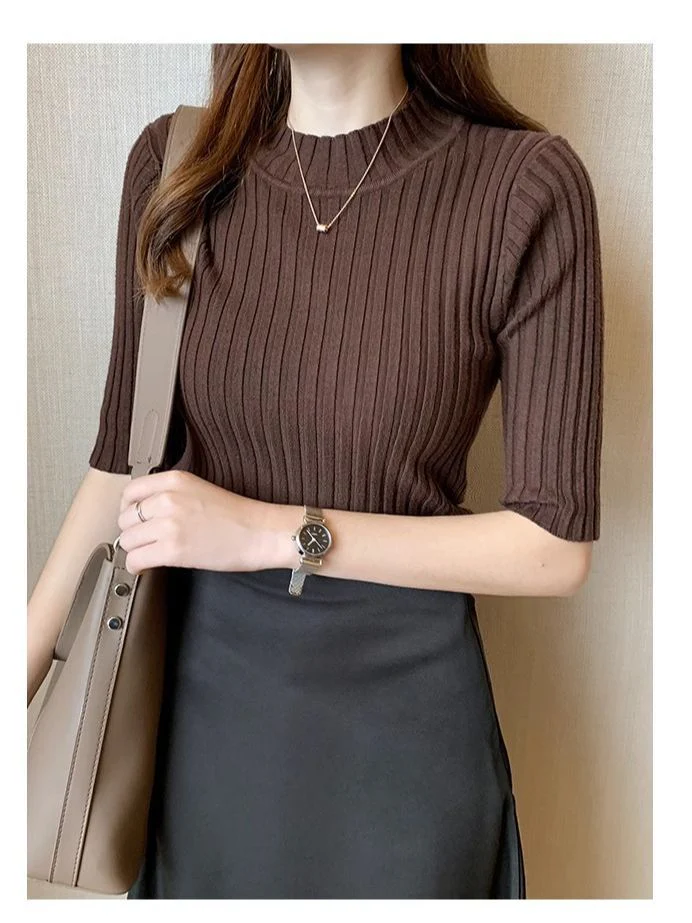 Half-high collar slim-fitting mid-sleeve knitted style pit striped top FD - Image 10