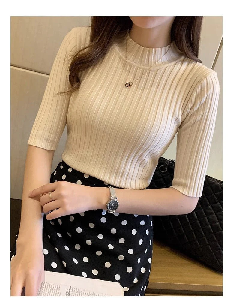 Half-high collar slim-fitting mid-sleeve knitted style pit striped top FD - Image 3