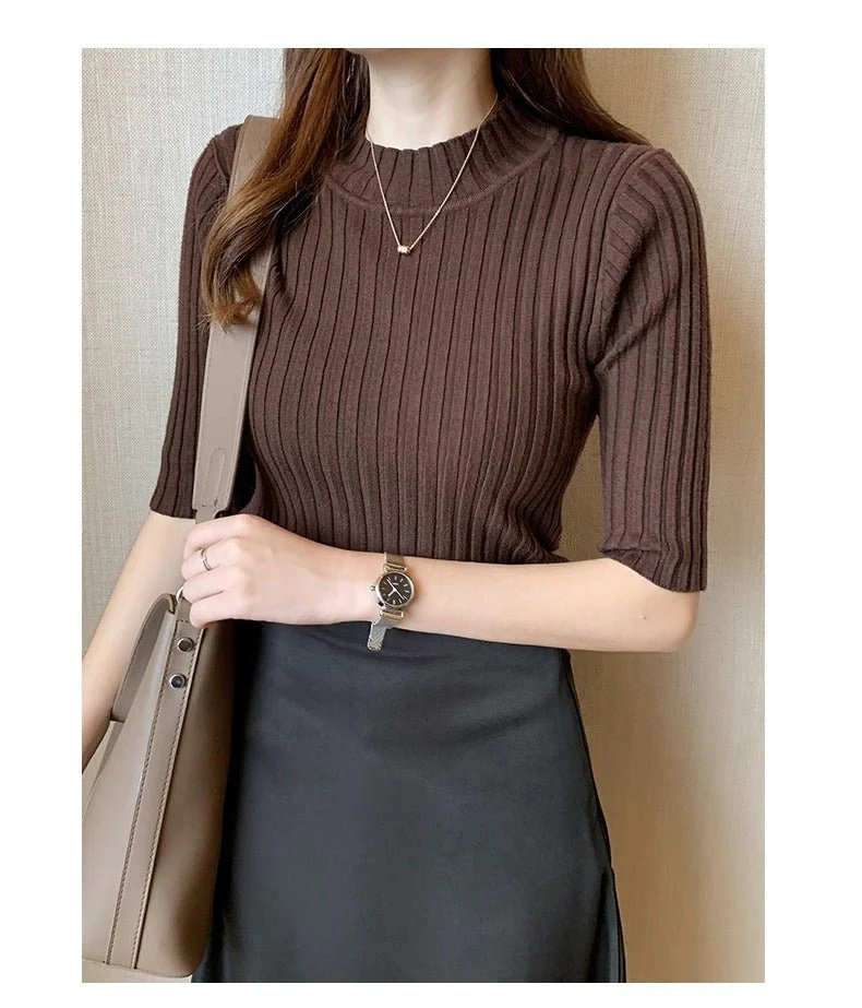 Half-high collar slim-fitting mid-sleeve knitted style pit striped top FD - Image 5