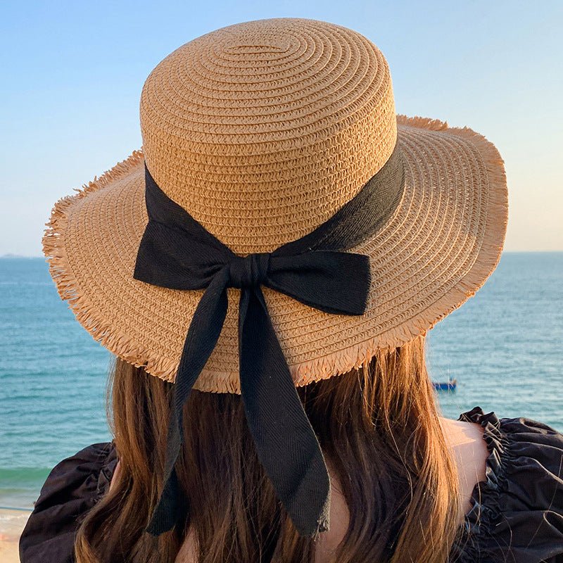 Hat Spring Summer Women's Fashion Straw Hat Seaside Vacation Beach Hat Flat Top Ribbon Bow Sun Hat - Image 9