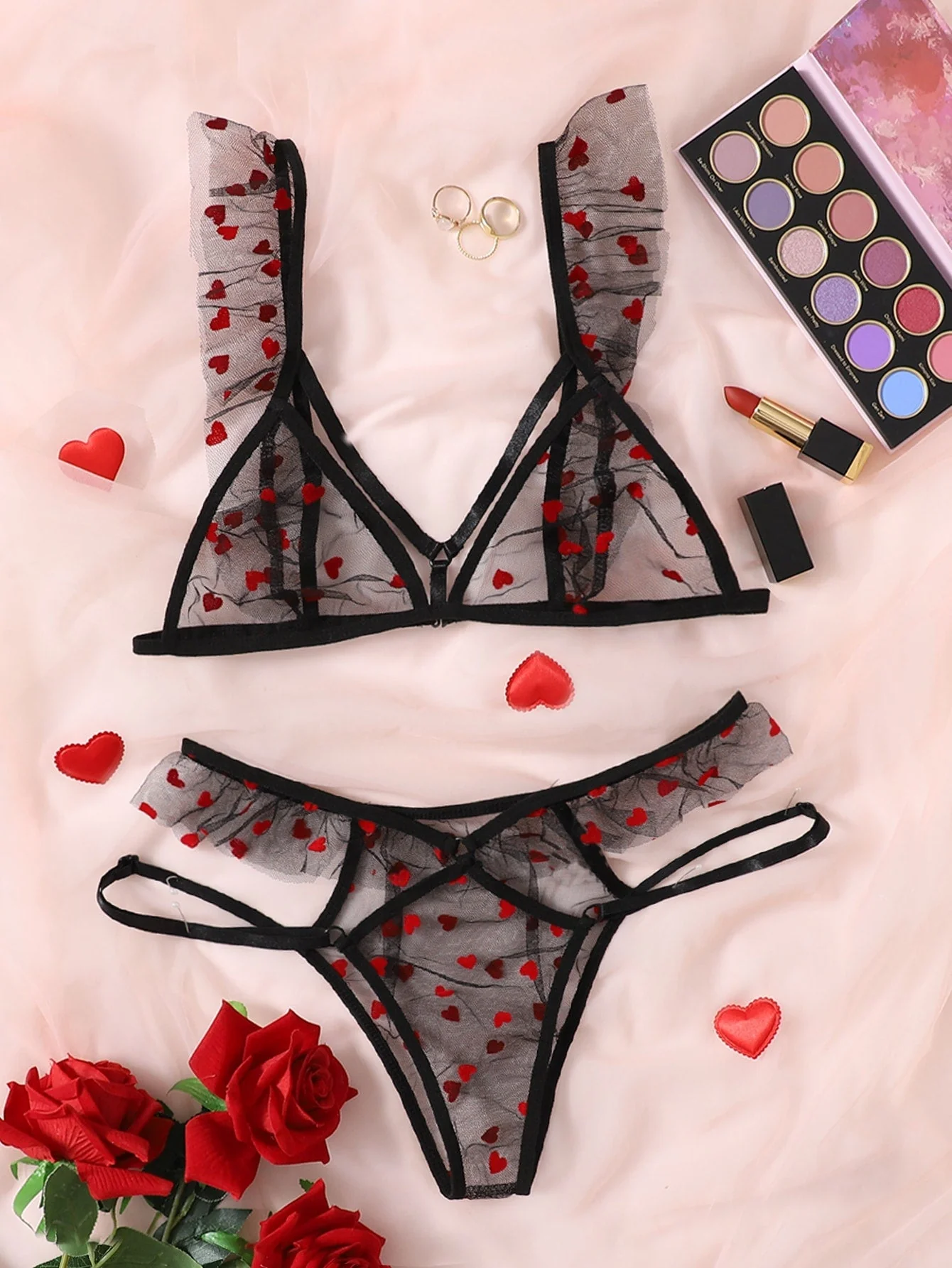 Heart Mesh | Black Heart Pattern Lingerie Set FD