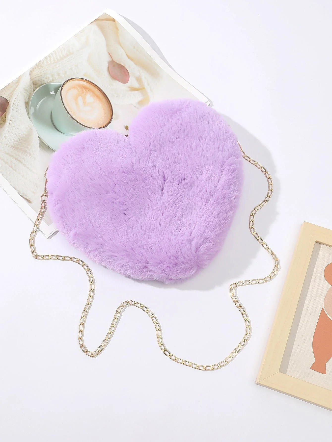Heart-Shaped Mini Fluffy Shoulder Bag with Chain Crossbody & Cute Zipper Purse - Image 3