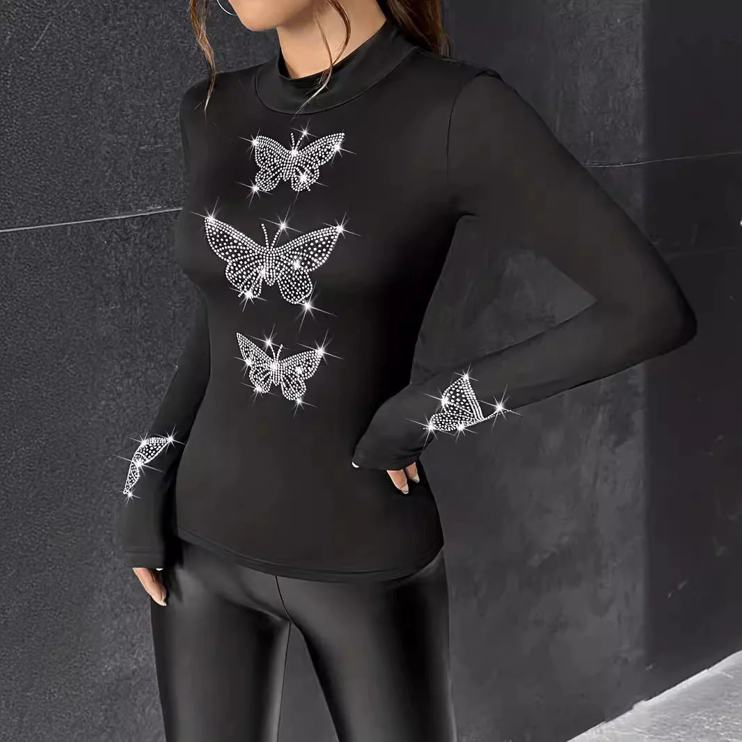 Heavy Industry Butterfly Hot Diamond Long Sleeve Bottom T-Shirt Top Women - Image 3