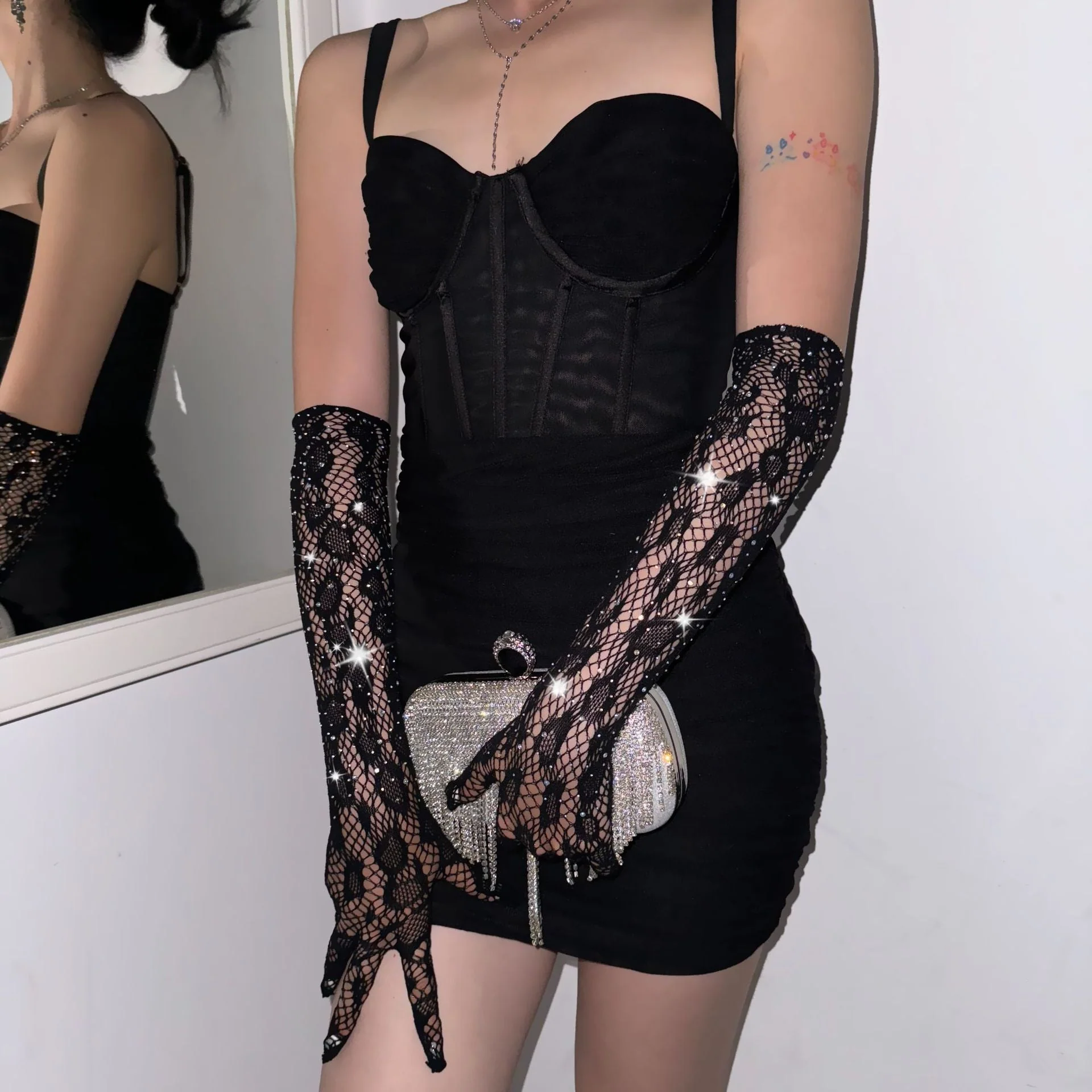 Hepburn Noir | Black Nylon Vintage Jacquard Mittens Gloves - Image 3