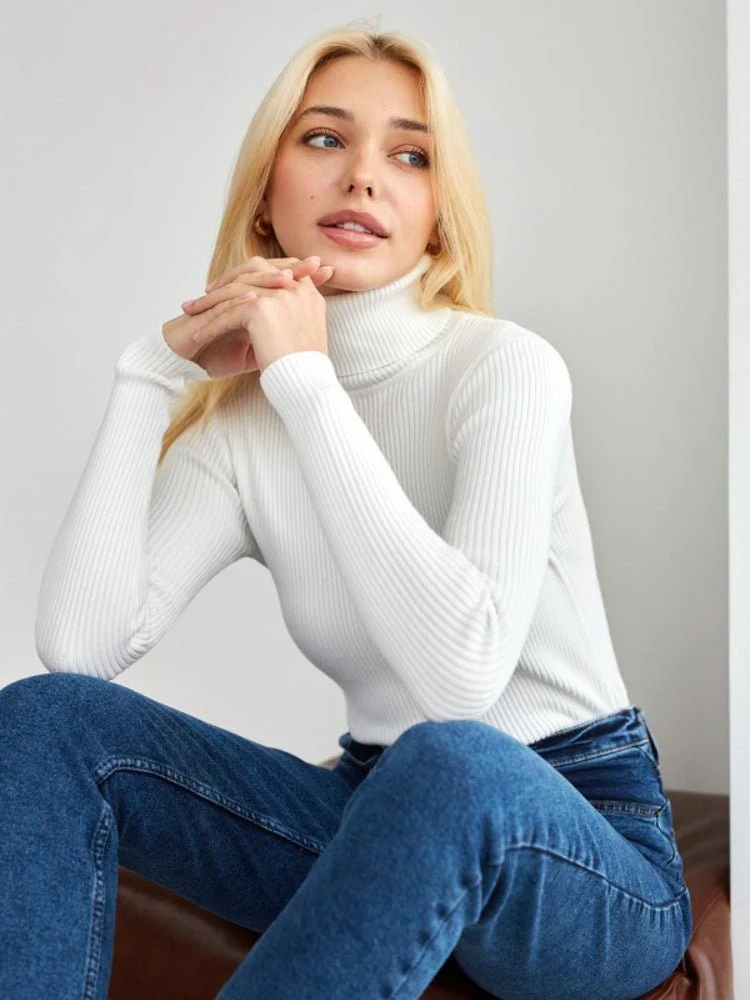 High-necked knitted pullover sweater for women - Image 26