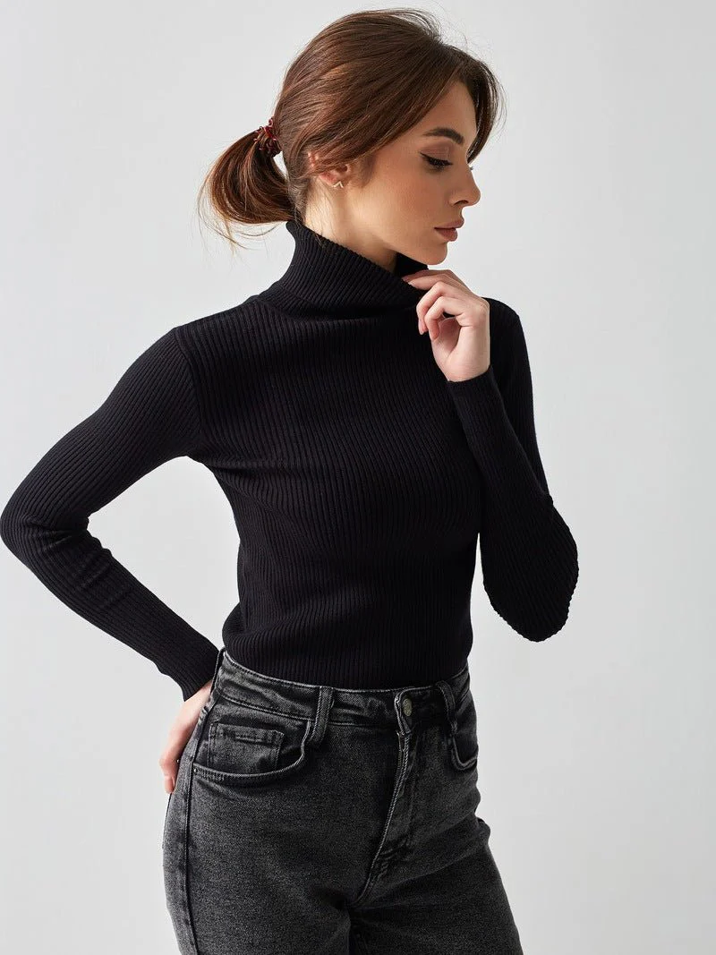 High-necked knitted pullover sweater for women FD - Image 27