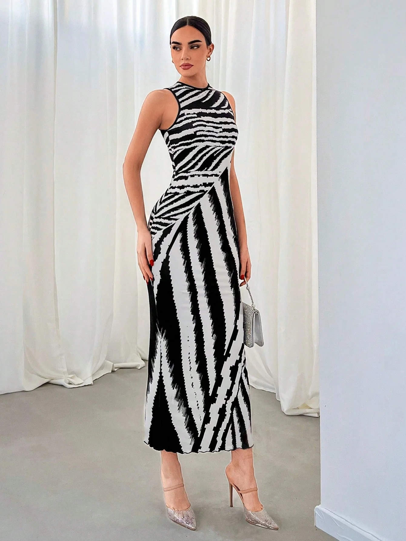 High Street Zebra Print Sleeveless Dress For Commuting